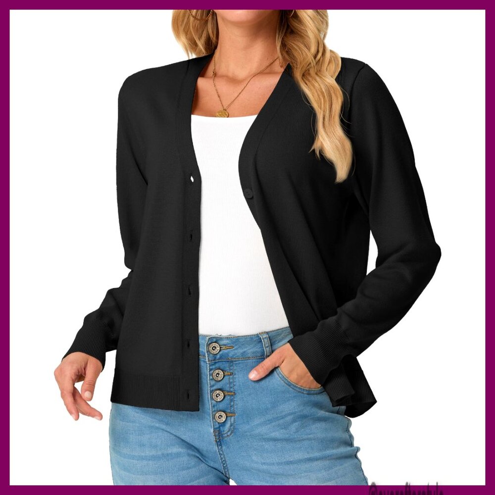 Lightweight V-Neck Cardigan Long Sleeve Button Down Casual Knit Sweater